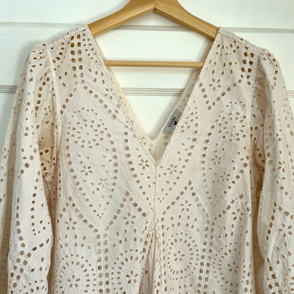 Ganni Eyelet Lace V-Neck Dress